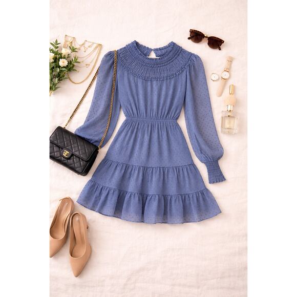 Sandro Paris Blue Smocked Mini Dress Sheer Polka Dot Ruffle Long Sleeve Small - Picture 2 of 12